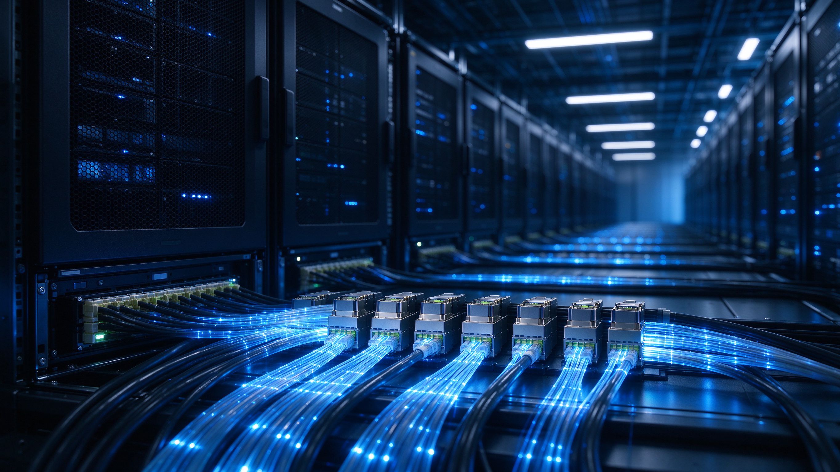 Data center with high-speed optical transceivers and fiber cables